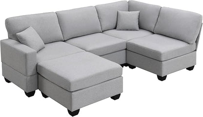 89.8" Modern Sectional Sofa with Convertible Ottoman and 2 Pillows,L-Shape Linen Fabric Corner Couch 5 Set W/Back & Cushion,can Hold up to 330 Lbs,for Apartment,Living Room,Light Grey - LeafyLoom