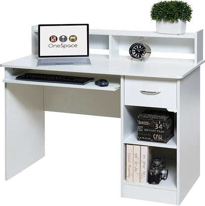 OneSpace Essential Computer Desk, Hutch with Pull-Out Keyboard, White - LeafyLoom