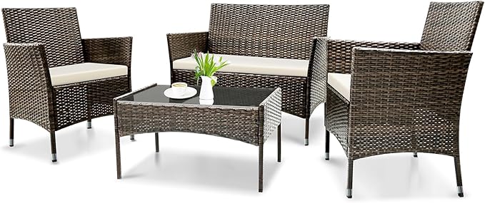 Patio Furniture, 4 Piece Conversation Set, Outdoor Wicker Rattan Table and Chairs, Sectional Sofa with Thick Cushion for Garden, Yard, or Porch, Brown - LeafyLoom