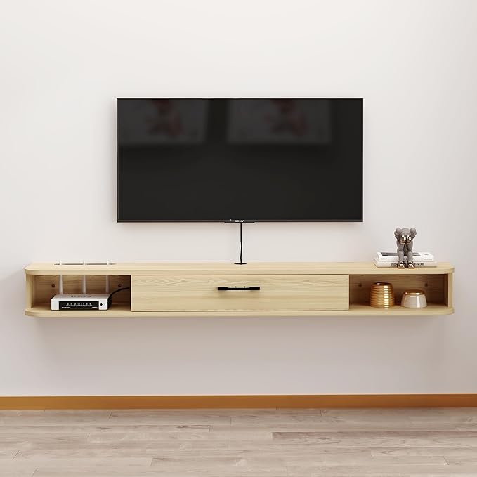 Floating TV Unit, 71'' Wall Mounted TV Cabinet, Floating Shelves with Door, Modern Entertainment Media Console Center Large Storage TV Bench for Living Room & Office (70.86IN, Oak) - LeafyLoom