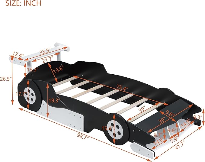 Twin Size Racecar Bed for Big Boys,Wood Platform Bedframe with Wheels & Safety Guardrail,Slats Support,Easy Assembly,Toddlers Kids Car Floor Beds for Fun Children's Bedroom,Black - LeafyLoom