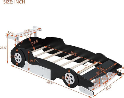 Twin Size Racecar Bed for Big Boys,Wood Platform Bedframe with Wheels & Safety Guardrail,Slats Support,Easy Assembly,Toddlers Kids Car Floor Beds for Fun Children's Bedroom,Black - LeafyLoom