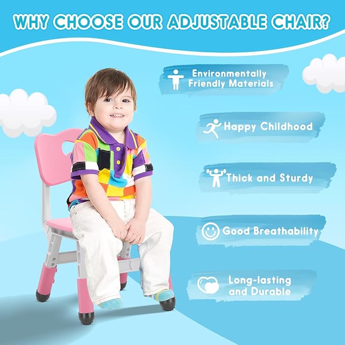 Kids Chair Height Adjustable Toddler Chair Max Load 220LBS Plastic Indoor Outdoor Chair for Children Age 1-6 School Home Daycare Use Pink - LeafyLoom