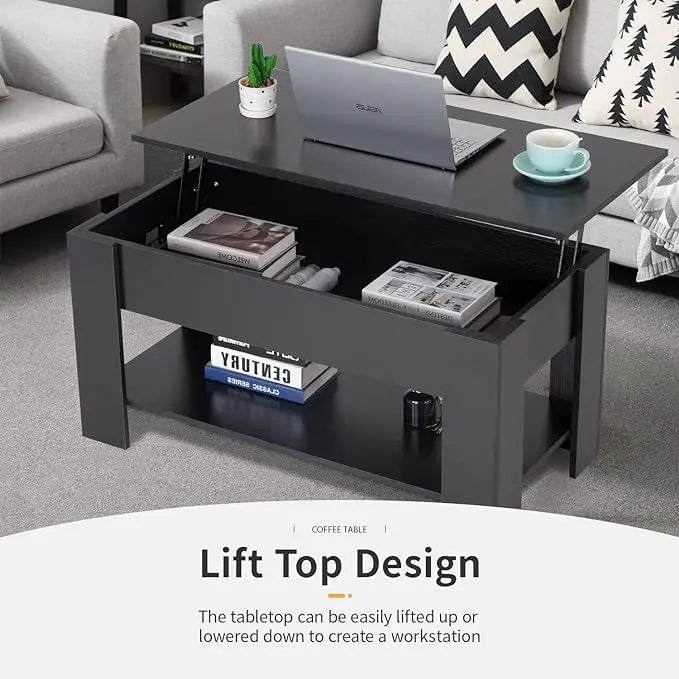 FDW Lift Top Coffee Table with Hidden Compartment and Storage Shelf Wooden Lift Tabletop for Home Living Room Reception Room Office (Black) - LeafyLoom