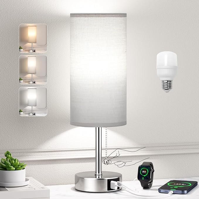 Grey Table Bedside Lamp for Bedroom Nightstand - Small Silver Lamp with USB A + C Charging Port, 3 Color Temperatures Pull Chain Night Stand Light with Bulb, Side Table Desk Lamp for Living Room - LeafyLoom