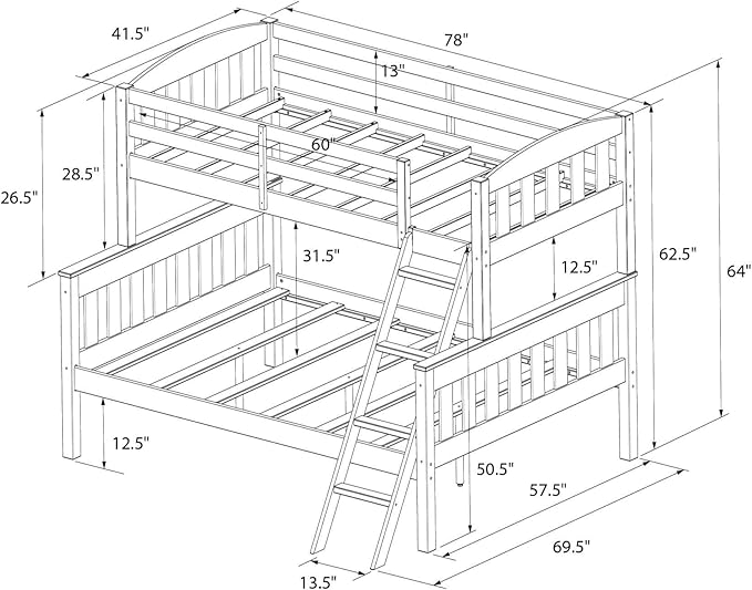 DHP Airlie Convertible Wood Bunk Bed, Stackable and Detachable Bed Frames for Kids and Teens, with Angled Ladder, High Guardrail, Wood Slats, No Boxspring Required, Twin-Over-Full, White - LeafyLoom