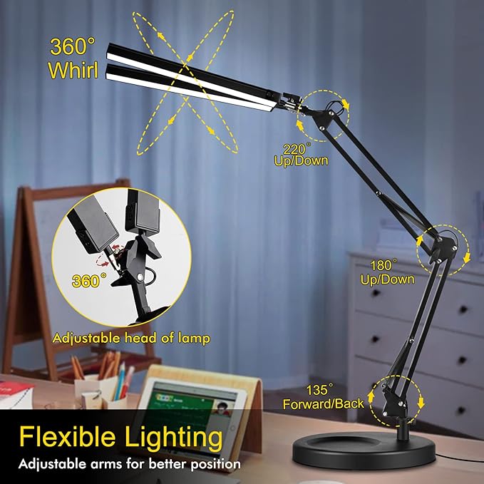 2-in-1 LED Double Head Desk Lamps for Home Office, 24W Brightest Workbench Light, Architect Lamp with Clamp & Base, 3 Colors 10 Dimming Swing Arm Lamp for Reading/Study/Computer Light - LeafyLoom