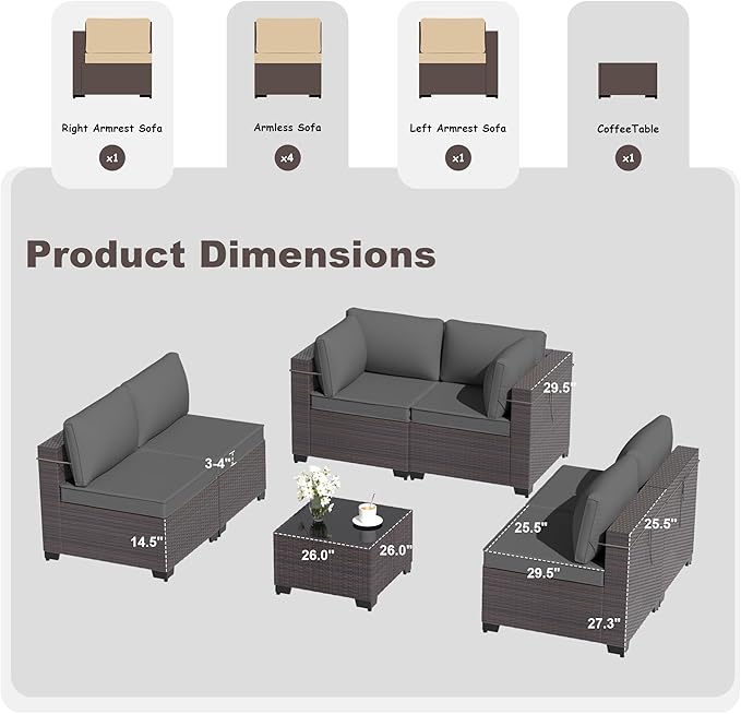 Outdoor Furniture Set 7PCS Patio Furniture for Backyard Wicker Sectional Sofa Set 6 Seats, PE Rattan Outdoor Conversation Set with Thickened Cushions and Glass Coffee Table, Grey - LeafyLoom