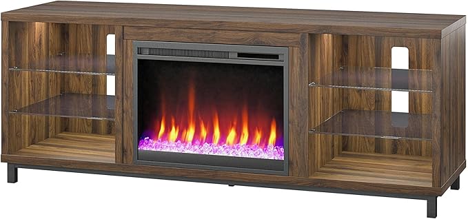 Ameriwood Home Lumina Fireplace TV Stand for TVs up to 70 Inch, Replaceable Electric Fireplace Insert Heater, Remote Control, Timer, Color Changing LED Lights, Crystal Ember Flames, Walnut - LeafyLoom