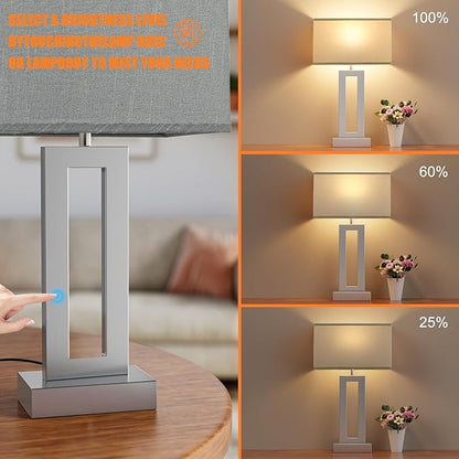 Nightstand Table Lamps for Bedrooms Set of 2 - Touch Bedside Lamp with USB C+A, 3 Way Dimmable Living Room Lamps for End Tables Set of 2, Modern Night Stand Lamps for Bed Side(Grey&Silver) - LeafyLoom