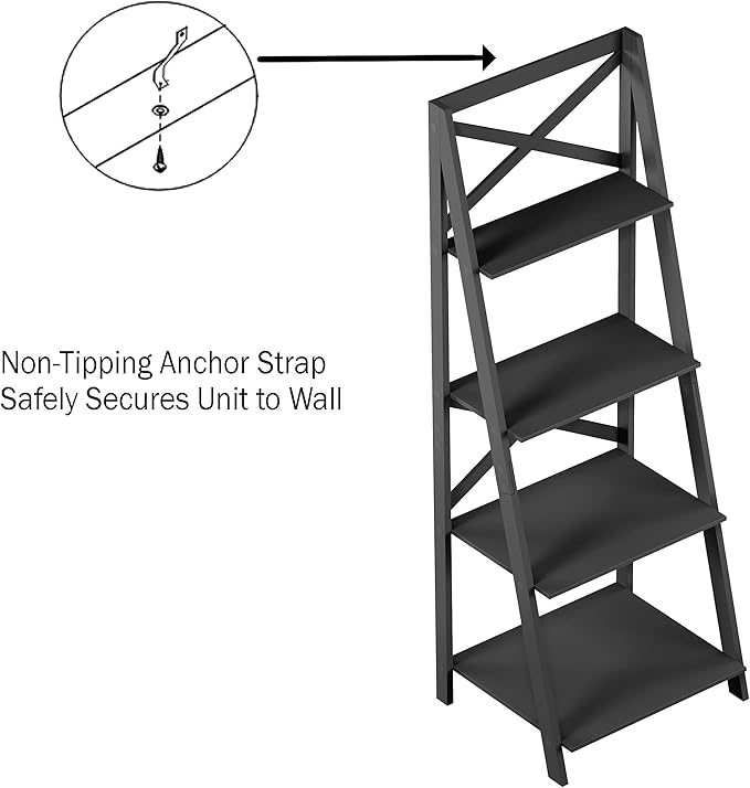 Lavish Home 4-Tier Ladder Bookshelf - Freestanding Shelved Bookcase with X-Back Frame and Leaning Look - Display Shelves for Home and Office (Gray) - LeafyLoom