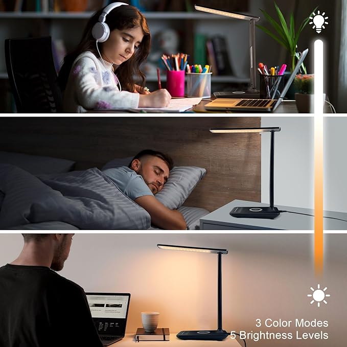 Desk Lamp with Wireless Charger, USB Charging Port, Dimmable Office Desk Light with Clock, Alarm, Date, Temperature, Foldable Lamp for Table Bedroom Bedside Office (Black Pro) - LeafyLoom