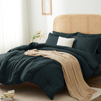 Queen Bed in a Bag 7 Pieces Bedding Comforter Set with Comforter and Sheets Navy Blue Queen Comforter Set with Sheets,Pillow Shams, Flat Sheet, Fitted Sheet and Pillowcases - LeafyLoom