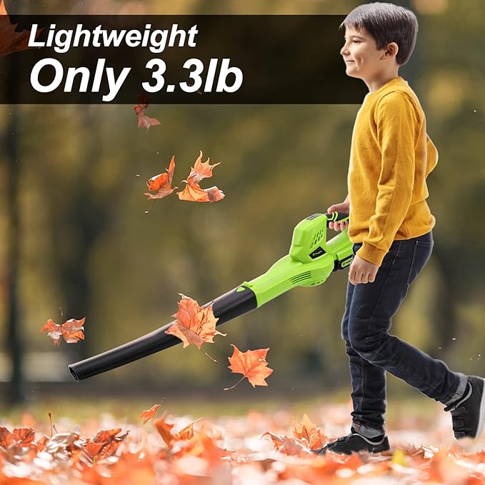 YOUGFIN Cordless Leaf Blower, 21V Powerful Motor, Electric Leaf Blower for Lawn Care, Battery Powered Leaf Blower Lightweight for Snow Blowing (Battery & Charger Included) - LeafyLoom