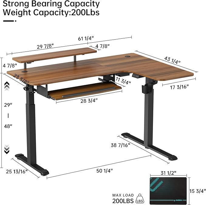 EUREKA ERGONOMIC Standing Desk Electric Adjustable Height (61"x43") Computer Desk with Keyboard Tray Sit Stand Desk L Shaped Desk for Work/Home Office,Dual Motor,Memory Presets,2 USB/RGB,Walnut/Right - LeafyLoom