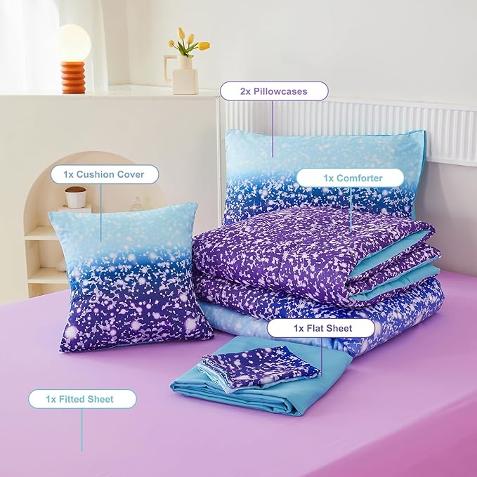 PERFEMET 6Pcs Full Size Comforter Sets for Girls Blue Purple Ombre Rainbow Kids Bedding Set Colorful Tie Dye Glitter Teen Girls Bedroom Decor Bed in A Bag - LeafyLoom