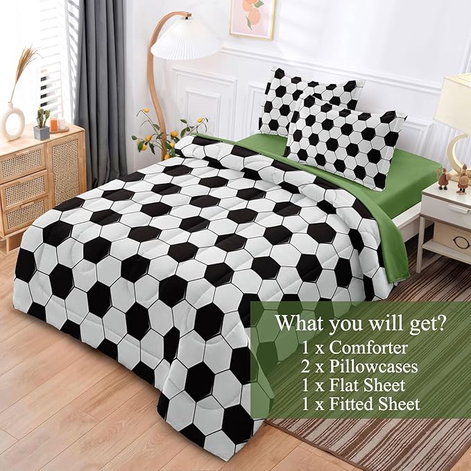 Soccer Comforter Set Full for Boys Girls, 5 Pieces Soccer Bedding Twin Bed in a Bag Set with Sheets, Black and White Bed Sets for Teenage - LeafyLoom