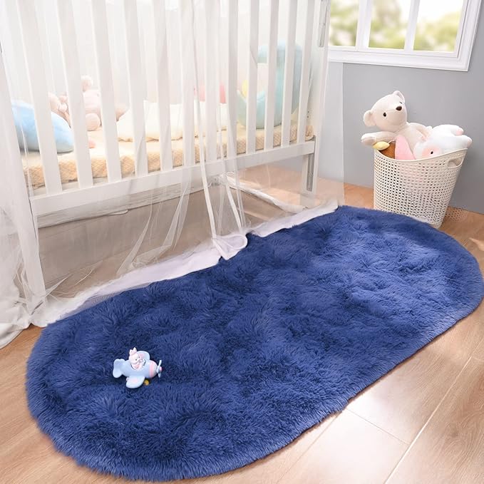 Merelax Soft Shaggy Rug for Kids Bedroom Oval 2.6'x5.3' Light Navy Plush Fluffy Carpet for Living Room, Furry Carpet for Teen Girls Room, Anti-skid Fuzzy Comfy Rug for Nursery Decor Cute Baby Play Mat - LeafyLoom