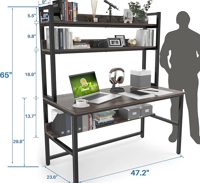 Aquzee Desk with Hutch Bookshelves, Computer Desk with 3 Tiers Storage Shelves, Space Saving Design Black Metal Legs Desk with Grey Board, Easy Assemble - LeafyLoom