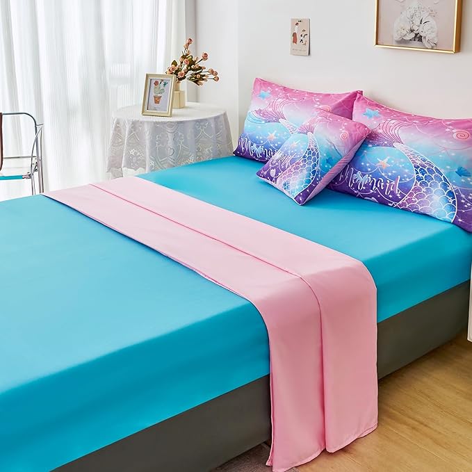 URBONUR Full Size Comforter Set for Girls Purple Blue Mermaid Tail Fish Scales Girls Bedding Set 6 Pcs Bed Sets with Comforter and Sheet Set, Soft All Season Bed in a Bag - LeafyLoom