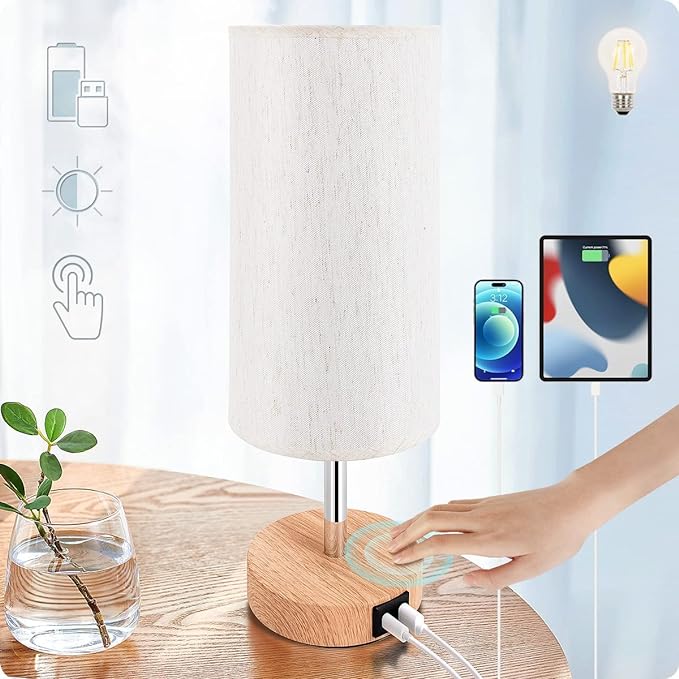 Yarra-Decor Bedside Lamp with USB A+C Port - Touch Control Table Lamp for Bedroom Wood 3 Way Dimmable Nightstand Lamp with Round Flaxen Fabric Shade for Home Office (LED Bulb Included) - LeafyLoom