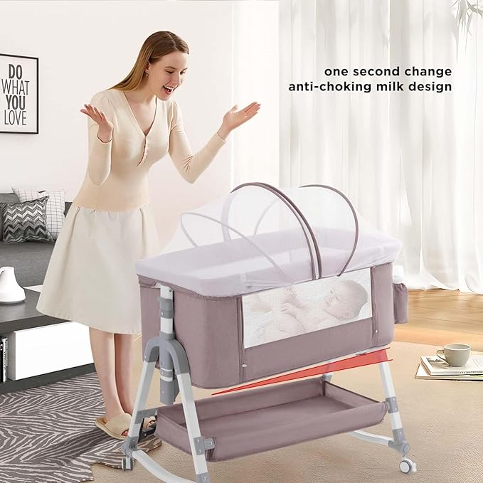 4 in 1 Baby Bassinet, Rocking Bassinets Bedside Sleeper with Comfy Mattress and Wheels, Height Adjustable Easy Folding Portable Bedside Crib for Newborn Infant,Khaki - LeafyLoom