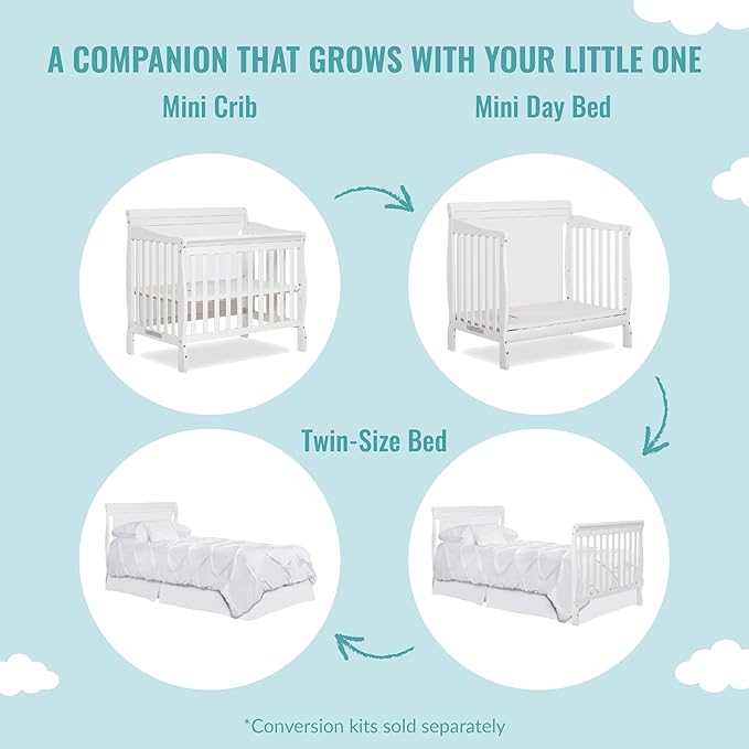 Aden 4-in-1 Convertible Mini Crib In White, Greenguard Gold Certified, Non-Toxic Finish, New Zealand Pinewood, With 3 Mattress Height Settings - LeafyLoom