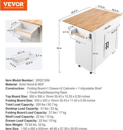 VEVOR Kitchen Island Cart with Solid Wood Top, 35.4" Width Mobile Carts with Storage Cabinet, Rolling Kitchen Table with Spice Rack, Towel Rack, Drop Leaf and Drawer, Portable Islands on Wheels, White - LeafyLoom