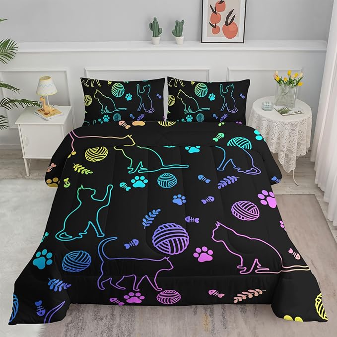 Black Cat Bedding Cartoon Cat Comforter Set Full,Neon Cat Paw Ball of Yarn Printed Kids Bedding for Cat Lover Boys Girls Adults Room Decor,Kids Comforter,1 Quilt 2 Pillow Cases,Neon Color Purple Blue - LeafyLoom