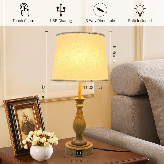 Farmhouse Table Lamp Touch Control 3-Way Dimmable Table Lamp, Modern Nightstand Lamp with 2 USB Port Bedside Desk Lamp with Fabric Shade for Living Room Bedroom Hotel (Pack-01A) - LeafyLoom