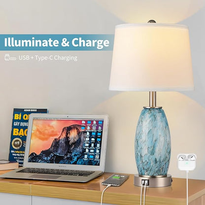 Table Lamp, 3-Way Lighting Modes Modern Table Lamp for Bedroom, Coastal Bedside Lamp with USB Charging Port & Type C, Glass Nightstand Lamp, 24" Table Lamp for Living Room Bedroom Decoration - LeafyLoom