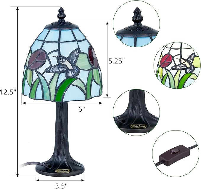 Tiffany Style mini table Lamp-Stained Glass Hummingbird with Tulip Design Table or Desk Light LED Bulb Included-Vintage Look Colorful Accent Decor - LeafyLoom