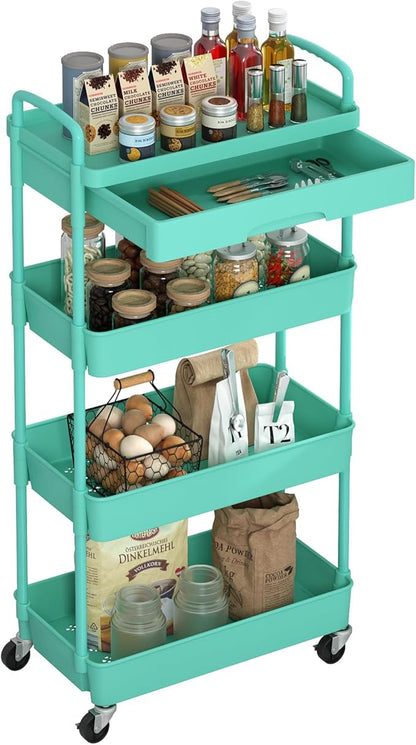 4-Tier Rolling Cart，Trolley with Drawer, Kitchen Storage Organizer with Plastic Shelf & Metal Wheels, Storage Cart for Living Room, Kitchen, Office, Bathroom, Green - LeafyLoom