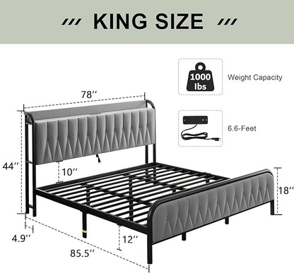 Feonase King Bed Frame with Type-C & USB Port, Metal Platform Beds, with Velvet Upholstered Headboard & Footboard, 12" Underbed Storage Space, Easy Assembly, Noise-Free, Gray - LeafyLoom