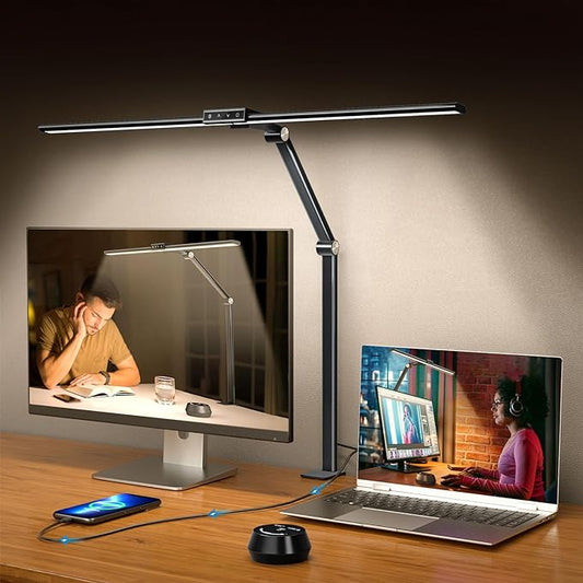 LED Desk Lamp with Clamp for Home Office, 24W Ultra Bright 7 Stepless Dimming/5 Color Modes/Timer, Architect Modern Table Lamp with Touch and Remote Control USB Charging Port for Study Reading - LeafyLoom