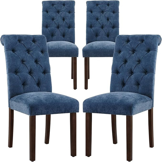 COLAMY Button Tufted Dining Chairs Set of 4, Parsons Upholstered Fabric Dining Room Chairs Kitchen Chairs with Wood Legs and Padded Seat, Blue - LeafyLoom