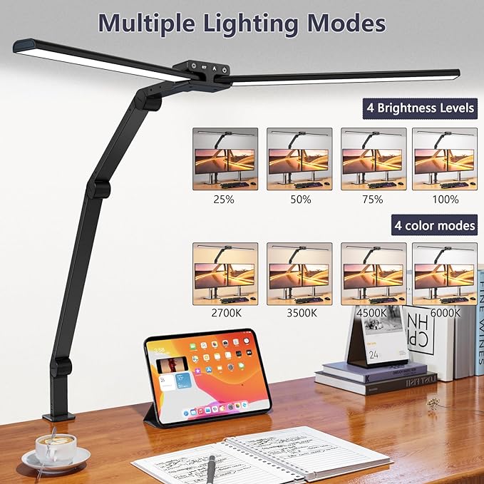 KableRika Desk Lamp,Double Head Desk Lamp with Clamp,24W Led Desk Lights for Home Office Ultra Bright Architect Table Lamp 4 Brightness 4 Color,Auto Dimming Task Lamp for Monitor Work Study - LeafyLoom