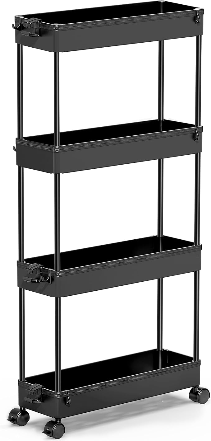 SPACEKEEPER Slim Rolling Storage Cart 4 Tier Organizer Mobile Shelving Unit Utility Cart Tower Rack for Kitchen Bathroom Laundry Narrow Places, Black - LeafyLoom