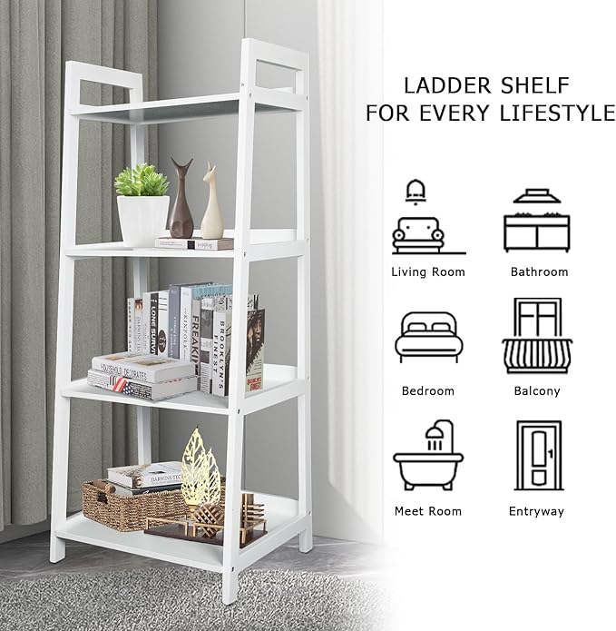 ECOMEX 4-Tier Ladder Shelf, Solid Pine Frame, 20 lbs Capacity per Partition, Modern Style, Home Office, Bedroom (White) - LeafyLoom