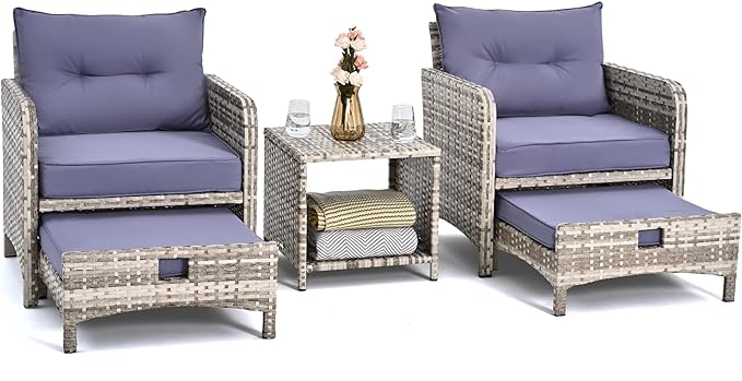 Pamapic 5 Pieces Wicker Patio Furniture Set Outdoor Patio Chairs with Ottomans Conversation Furniture with coffetable for Poorside Garden Balcony(Purple Cushion + Grey Ratten)… - LeafyLoom