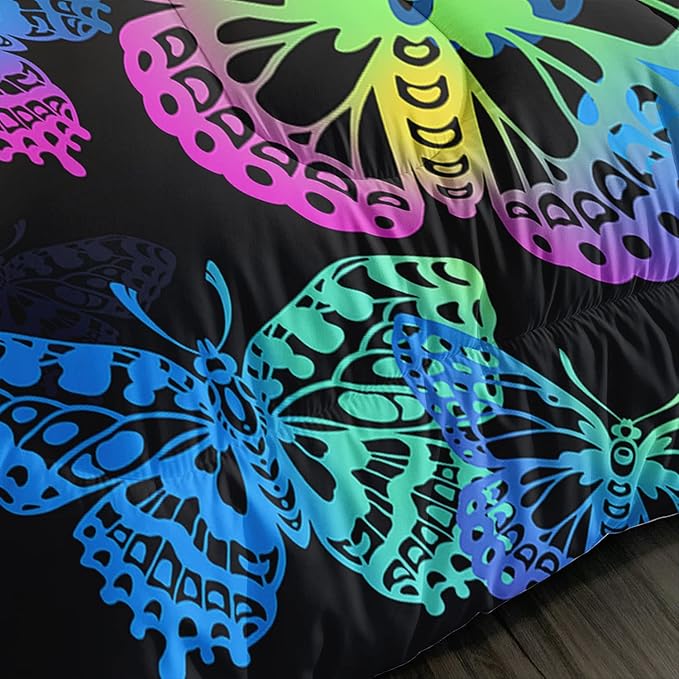 Axolotl Colorful Butterflies Bedding Set,Twin Size Kids Bed Set,Gradient Butterfly Comforter Set,1 Quilt with 2 Pillowcases for Boys Girls Kids Teens Children Adults Room Decor All Season,Black - LeafyLoom