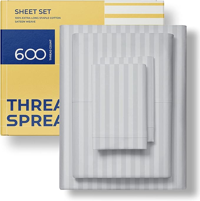 THREAD SPREAD Striped Egyptian Cotton Sheets Twin XL Size - 600 Thread Count 3 PC Damask Twin XL Sheets Deep Pockets, Sateen Weave College Dorm Bedding Twin XL, Fits Mattress upto 18" - Silver Stripe - LeafyLoom