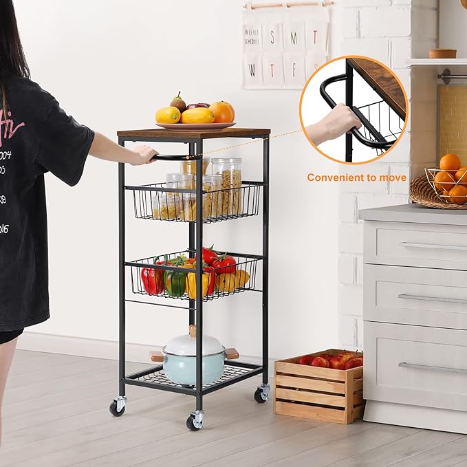 NORCEESAN Rolling Storage Cart 4 Tier Kitchen Cart on Wheels Metal Mobile Utility Cart with Storage Basket Shelf Bathroom Organizer Cart with Handle Pantry Trolley Cart with Tabletop for Home Office - LeafyLoom