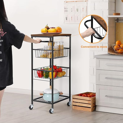 NORCEESAN Rolling Storage Cart 4 Tier Kitchen Cart on Wheels Metal Mobile Utility Cart with Storage Basket Shelf Bathroom Organizer Cart with Handle Pantry Trolley Cart with Tabletop for Home Office - LeafyLoom