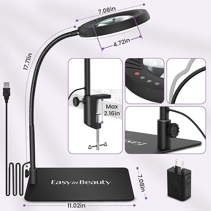 EASYINBEAUTY 8X Magnifying Glass with Light and Stand, 5 Color Modes & 9-Level Dimmable, 2-in-1 LED Magnifying Desk Lamp with Clamp, Gooseneck Magnifying Light for Crafts Hands Free, Close Work, Read - LeafyLoom