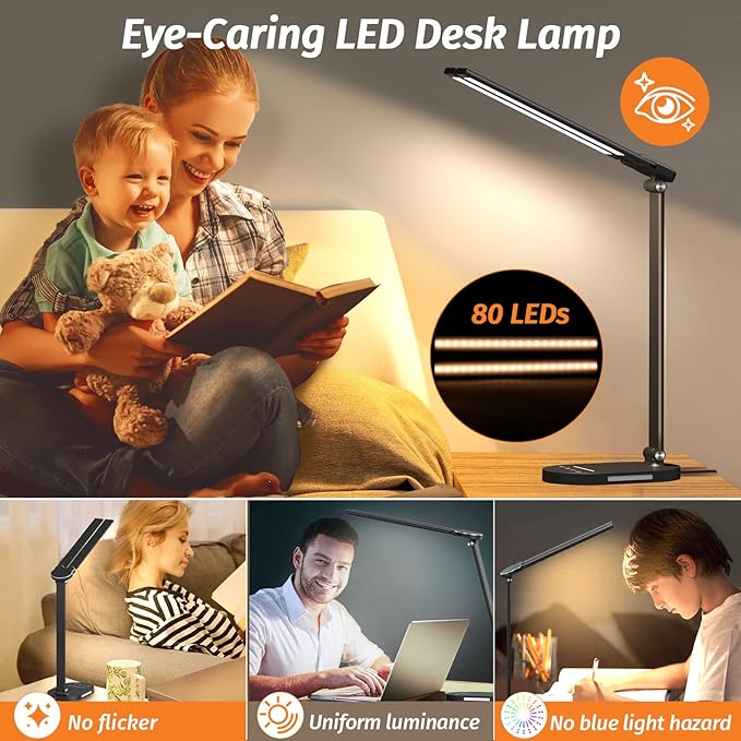 LED Desk Lamps for Home Office, Dual Swing Arm Desk Light, Dimmable Desk Lamp with USB Charging Port, Office Lamp with Night Light, 1H Timer, 5 Color Modes 5 Brightness Levels, Eye-Caring Table Lamp - LeafyLoom