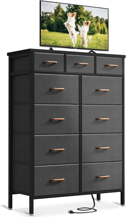 AODK Dresser with Charging Station, 52 Inches Tall Dresser for Bedroom with 11 Storage Drawers, Large Fabric Dressers for Living Room, Hallway, Dark Grey - LeafyLoom