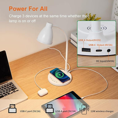 BOHON Desk Lamp for Home Office, LED Desk Light with USB C+A Charging Ports, Wireless Charger, 5 Colors Stepless Dimming Reading Light Timer, Touch Bedside Table Lamp for College Dorm Room White - LeafyLoom