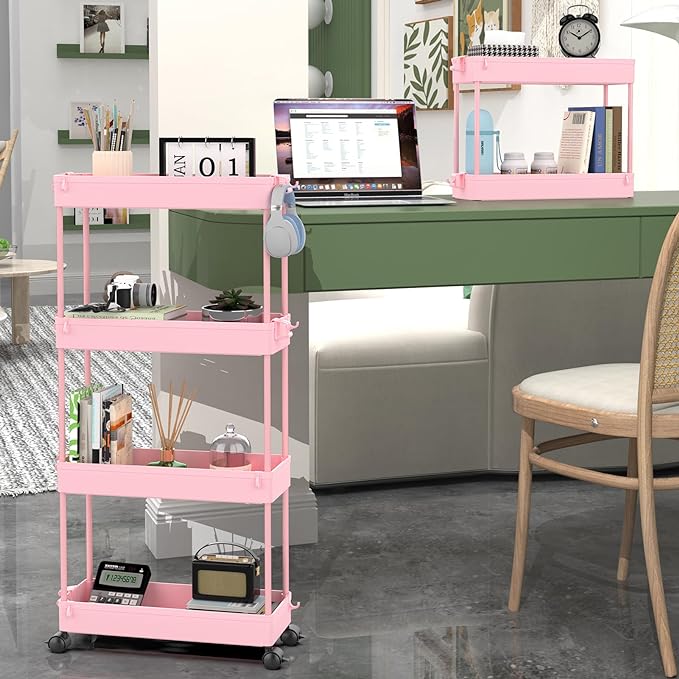 SPACEKEEPER Slim Rolling Storage Cart 4 Tier Bathroom Organizer Utility Cart Mobile Shelving Unit Tower Rack for Kitchen, Laundry Room, Bathroom, Narrow Places, Pink - LeafyLoom