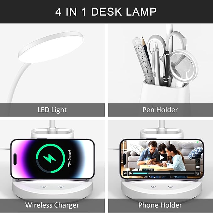 Desk Lamp for Home Office, LED Desk Lamp with Wireless Charger Pen Phone Holder, Dimmable Desk Light 3 Color Modes, College Dorm Study Lamp for College Dorm, CRI 90 800 Lumen - LeafyLoom